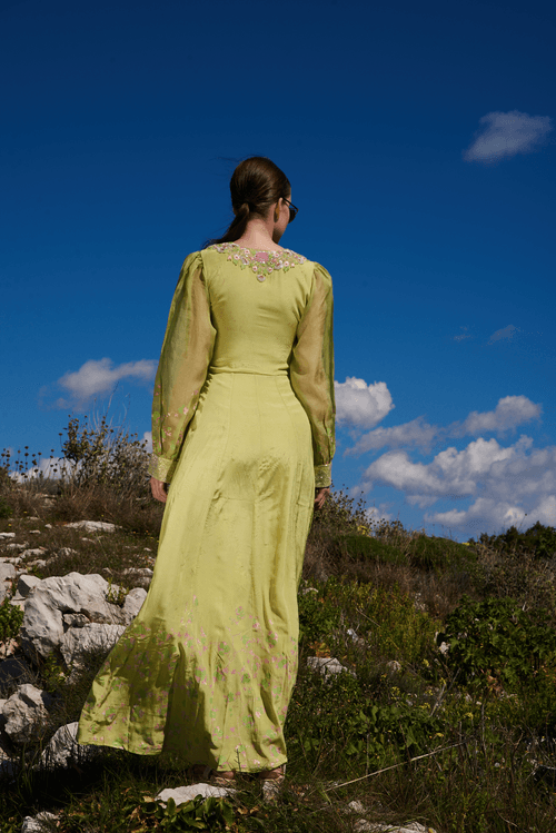 Green crepe printed maxi with embroidered bodice