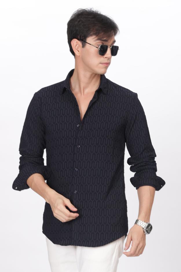 Navy Blue - Modern Fit Textured Shirt