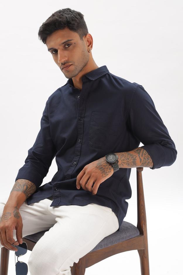 Navy Blue Regular Fit Plain Full Sleeve Shirt