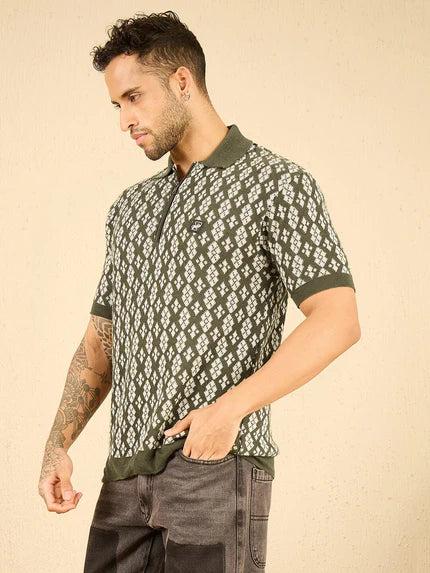 Olive Printed Knitted Zipped Polo T-shirt