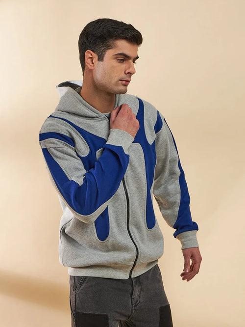 Grey & Royal Blue Cut Sew Zipped Hoodie