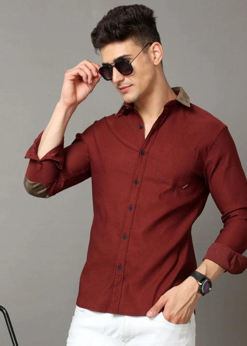 Maroon Cotton Self Stripe Corduroy With Leather Constrast Shirt