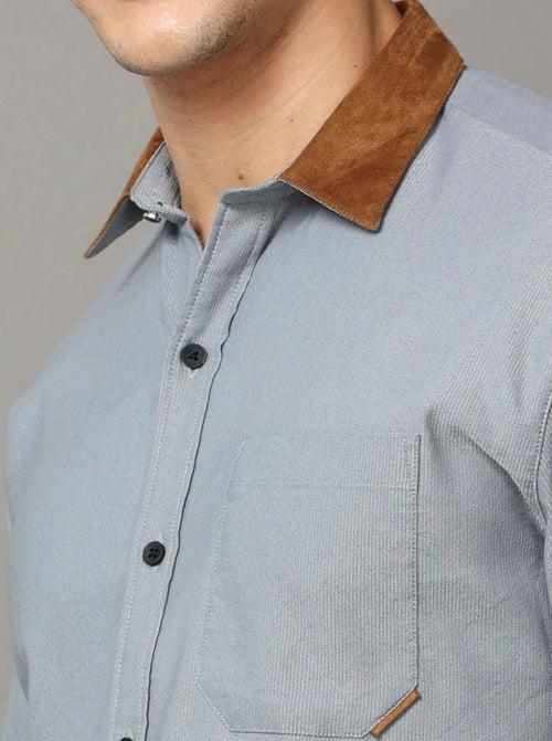 Grey Cotton Self Stripe Corduroy With Weather Constrast Shirt