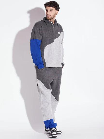Grey Cut Sew Polo Collared Relaxed Tracksuits