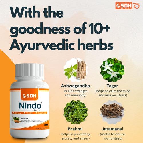 SDH Naturals Nindo Capsule Ayurvedic Relief from Poor Sleep and Anxiety Support Capsules | Non-Habit Forming | With Ashwagandha, Brahmi, Jatamansi & Tagar | 60 Veg Capsules