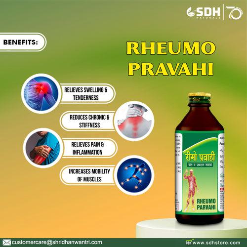 SDH Naturals Rheumo Pravahi - A liquid preparation offers natural relief from rheumatic pain, joint discomfort, swelling, and inflammation. It's an Ayurvedic, long-term solution effective for all types of rheumatism.