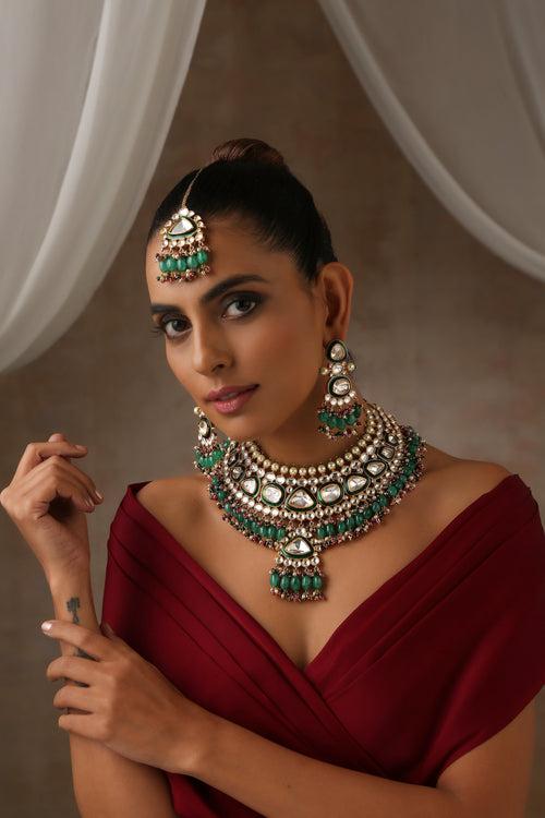 Lavanya Green Polki Necklace Set with Maang Tikka