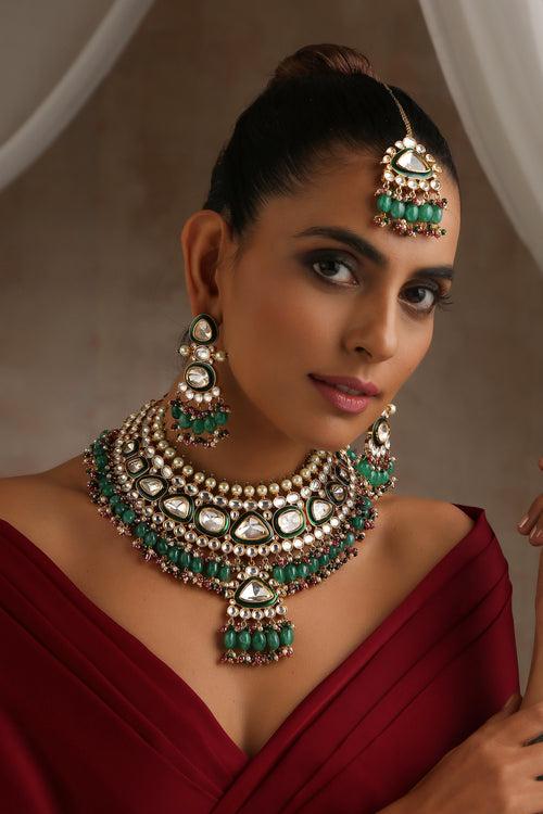 Lavanya Green Polki Necklace Set with Maang Tikka