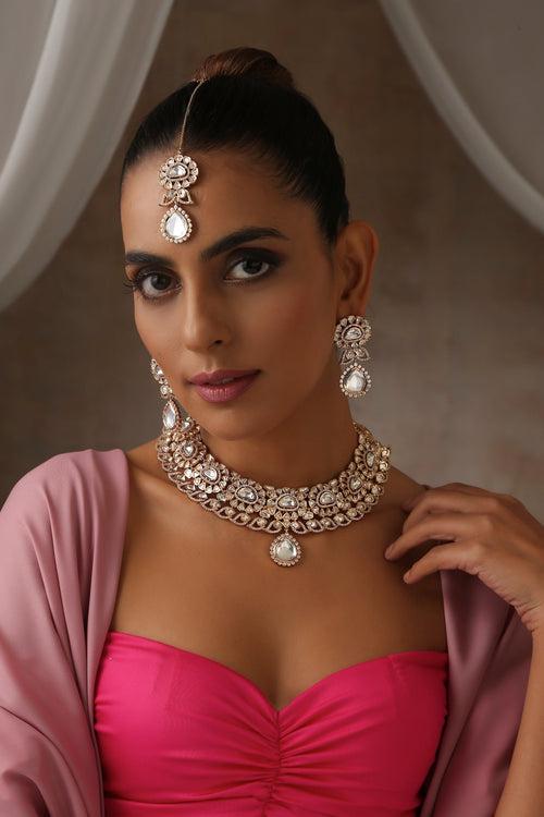 Namreen Rose Gold Polki Necklace Set with Maang Tikka