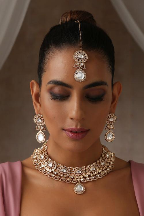 Namreen Rose Gold Polki Necklace Set with Maang Tikka