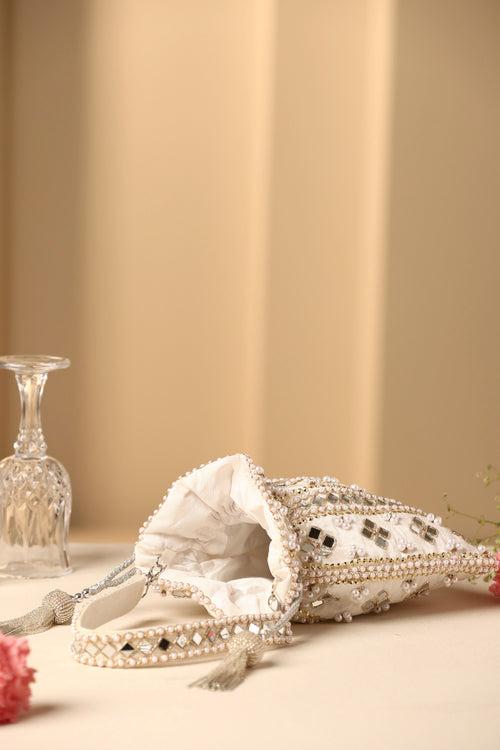 Mogra White Mirror and Pearl Potli Bag