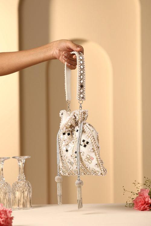 Mogra White Mirror and Pearl Potli Bag