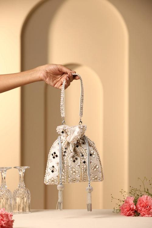 Mogra White Mirror and Pearl Potli Bag