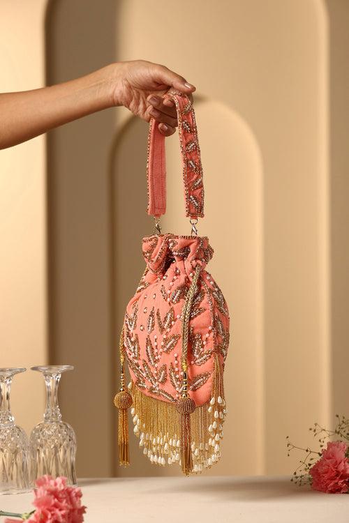 Mishika Peach Sequin and Pearl Potli Bag