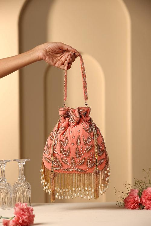 Mishika Peach Sequin and Pearl Potli Bag