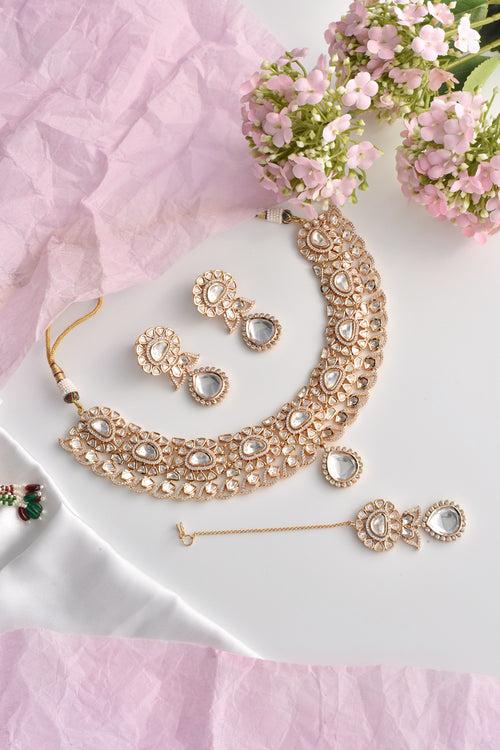 Namreen Rose Gold Polki Necklace Set with Maang Tikka