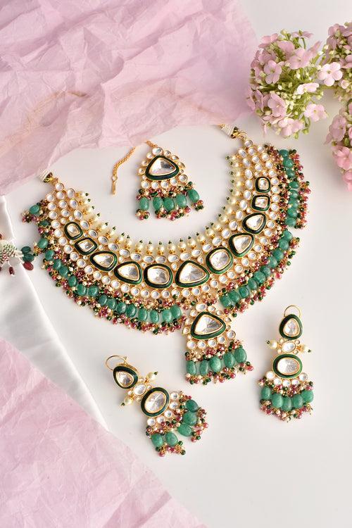 Lavanya Green Polki Necklace Set with Maang Tikka