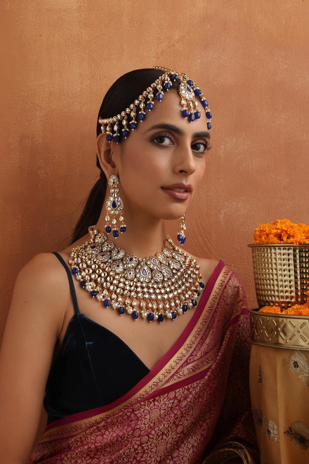 Latika Blue Kundan Necklace Set with Matha Patti