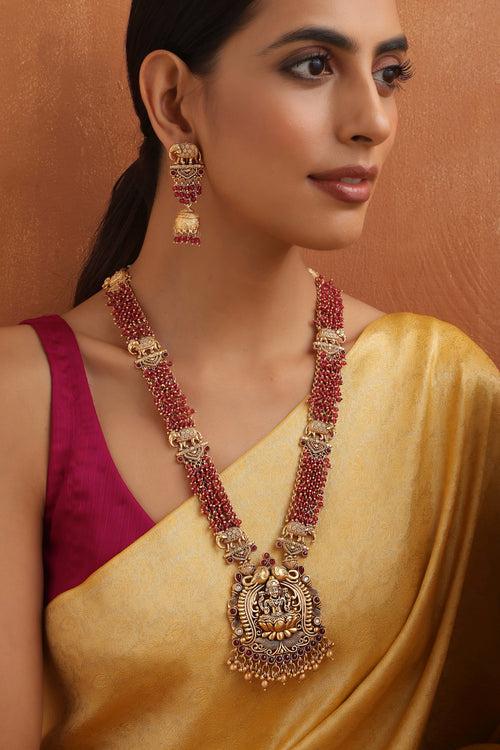 Dharnitha Red Temple Work Long Necklace Set