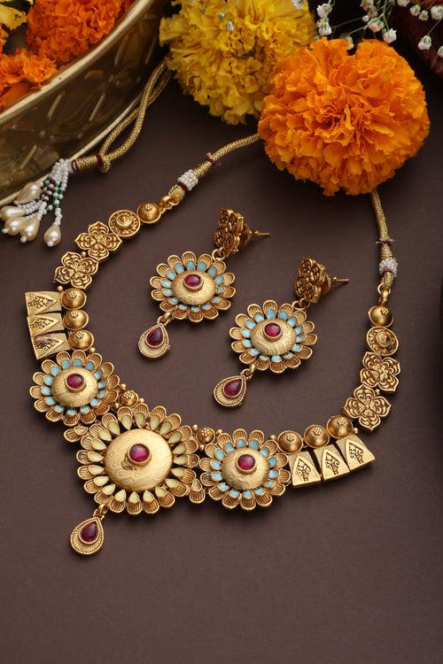 Nallarasi Multicolour Temple Short Necklace Set