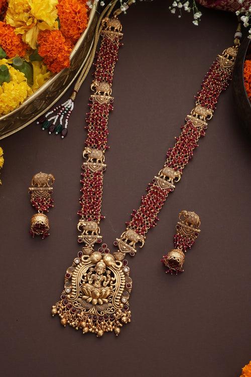 Dharnitha Red Temple Work Long Necklace Set