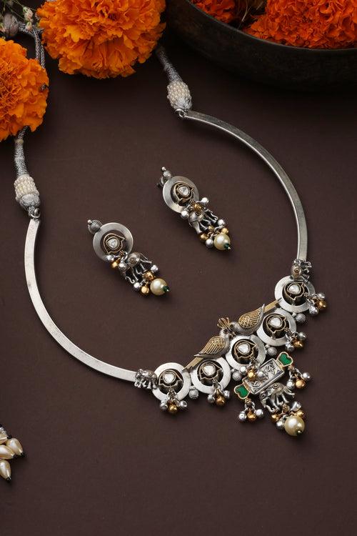 Timaya Green Silver Polki Hasli Necklace Set