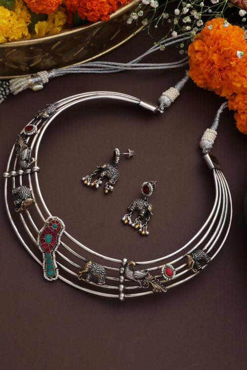 Migdha Multicolour Silver Hasli Necklace Set