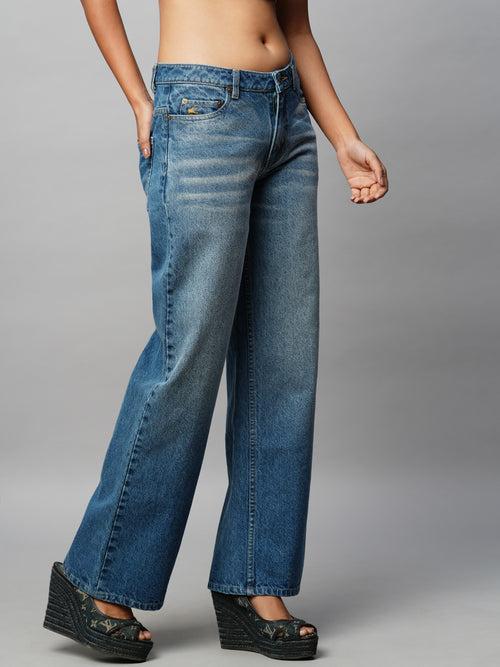 Mid Wash Denim Mid Rise Straight Leg Jeans