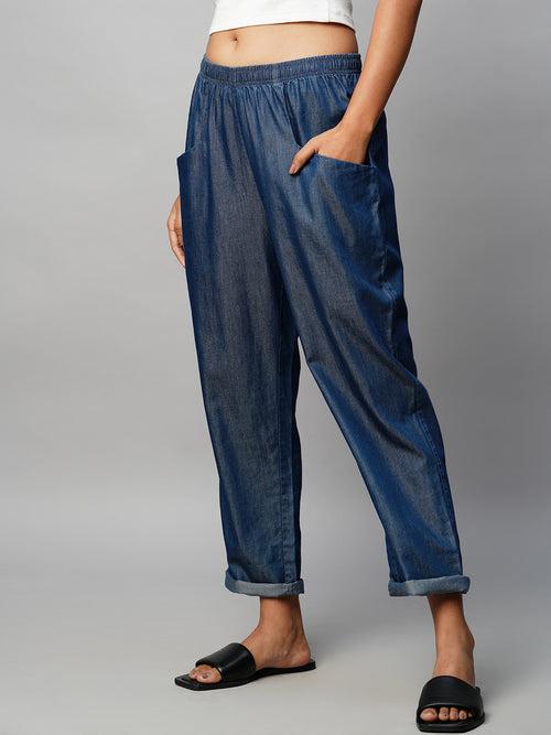 Mid Wash Cotton Tencel Slip-On Peg Leg Denims