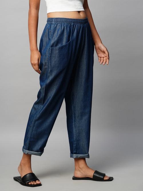 Mid Wash Cotton Tencel Slip-On Peg Leg Denims