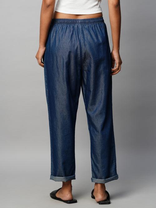 Mid Wash Cotton Tencel Slip-On Peg Leg Denims