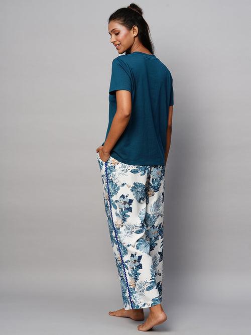 Embroidered Tee & Printed Viscose Wide Pj Set