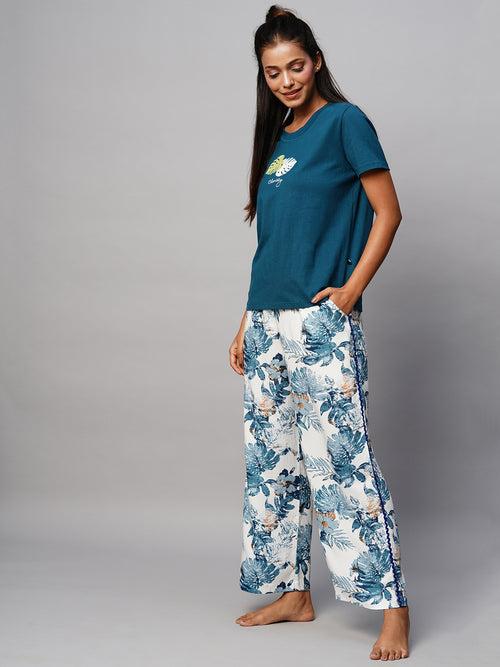 Embroidered Tee & Printed Viscose Wide Pj Set