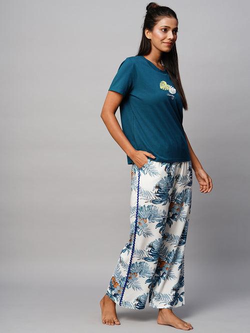 Embroidered Tee & Printed Viscose Wide Pj Set