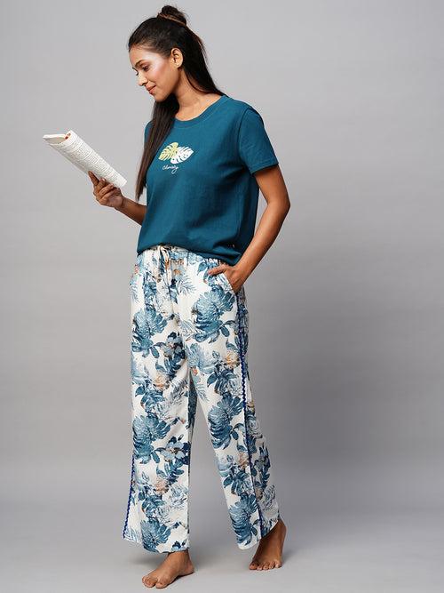 Embroidered Tee & Printed Viscose Wide Pj Set