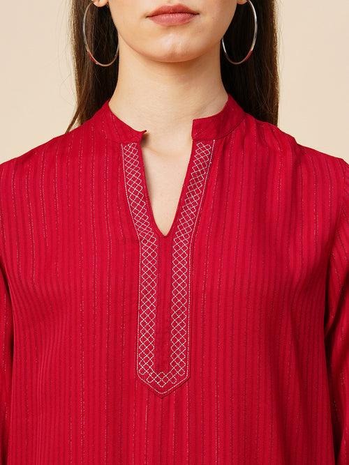 Viscose Crepe Striped Lurex Emroidered Longline Kurta