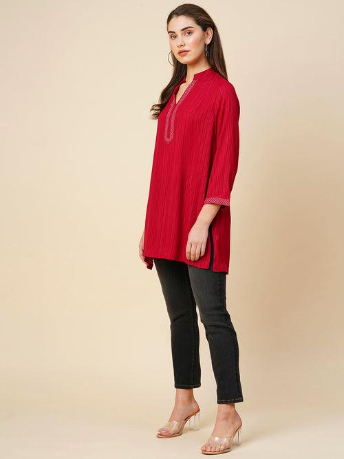 Viscose Crepe Striped Lurex Emroidered Longline Kurta