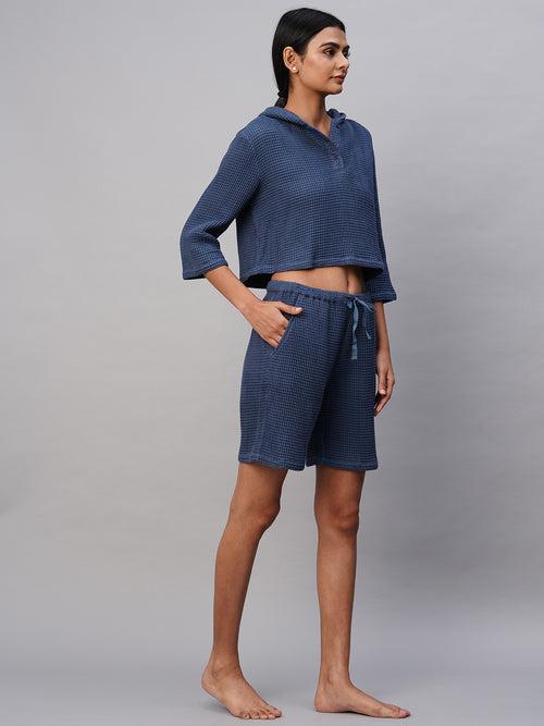 Waffle Knit Hooded Cropped Henley & Bermuda Shorts Set