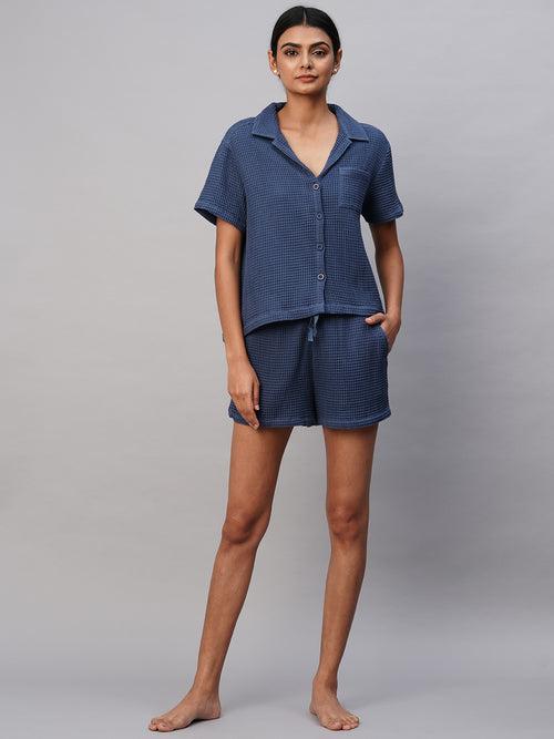 Waffle Knit Notched Collar Shirt & Shorts Set