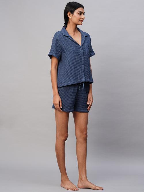 Waffle Knit Notched Collar Shirt & Shorts Set