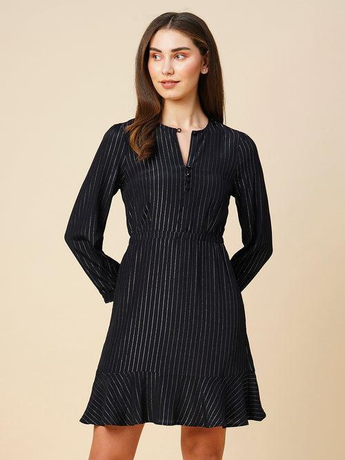 Viscose Crepe Striped Lurex Fit & Peplum Flare Dress