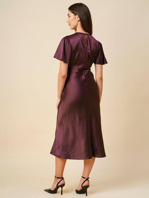 Satin Lycra Flutter Sleeve Bias Cut Dress W/ Front Slit