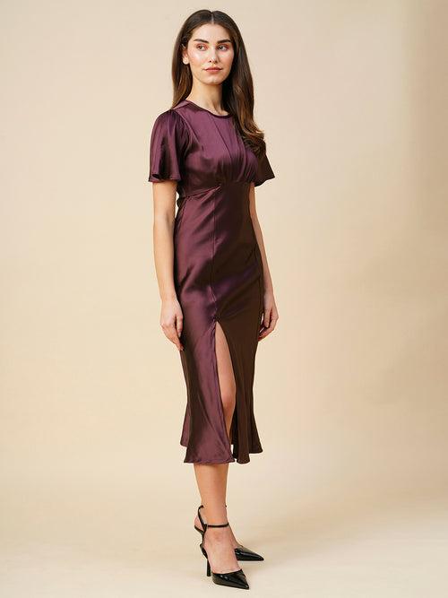 Satin Lycra Flutter Sleeve Bias Cut Dress W/ Front Slit