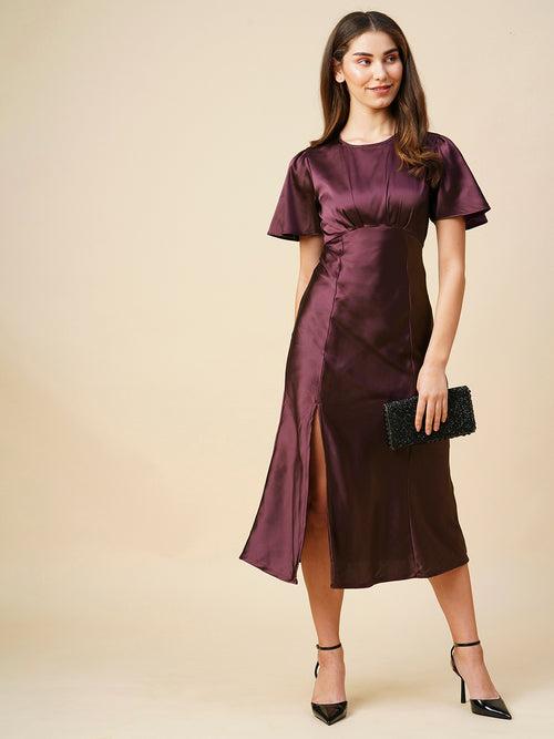 Satin Lycra Flutter Sleeve Bias Cut Dress W/ Front Slit