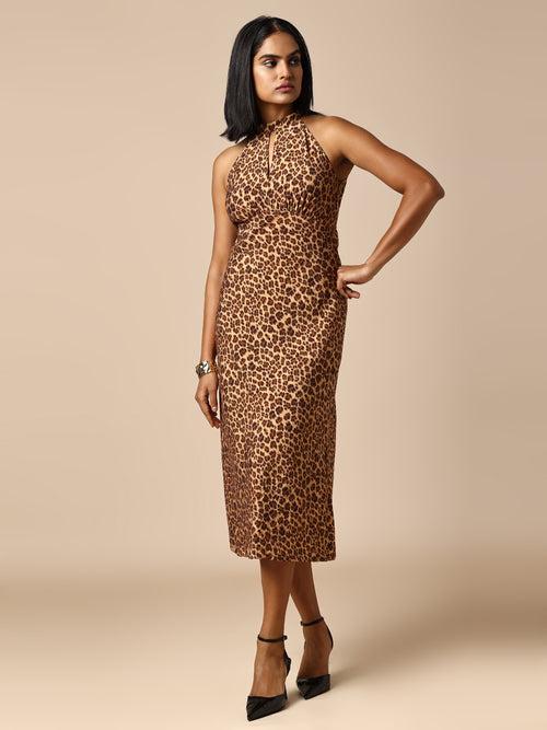 LEOPARD PRINTED BIAS CUT HALTER DRESS