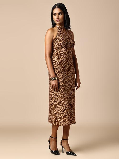 LEOPARD PRINTED BIAS CUT HALTER DRESS