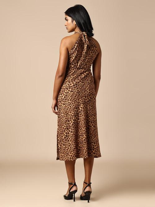 LEOPARD PRINTED BIAS CUT HALTER DRESS