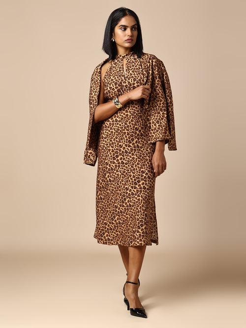 LEOPARD PRINTED BIAS CUT HALTER DRESS