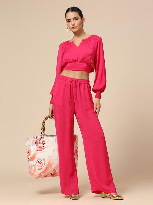 CRUSHED POLY CO-ORD SET WITH ROMANTIC SLEEVED CROP TOP & FLUID PULL ON PANTS