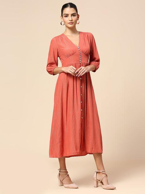 "V"- NECK BUTTONED DOWN VISCOSE LUREX CREPE WAISTED DRESS